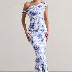 Club L London One Shoulder Blue Floral Dress